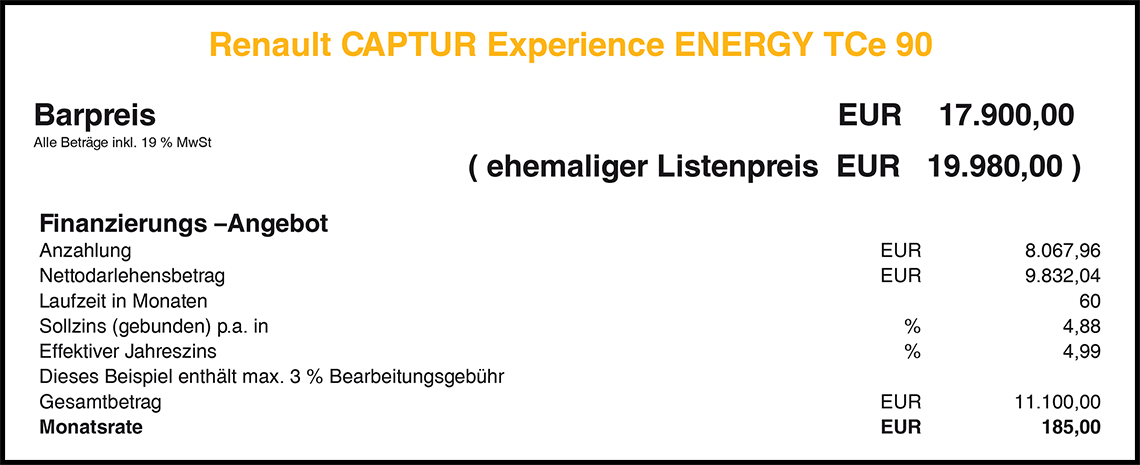 Finanzierungsangebot für Renault Captur Experience Energy TCe 90